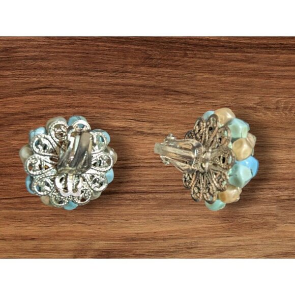 Vintage Clip-On Earrings W/ Blue & Cream Beads  Japan Retro Chic 1" - Picture 2 of 8
